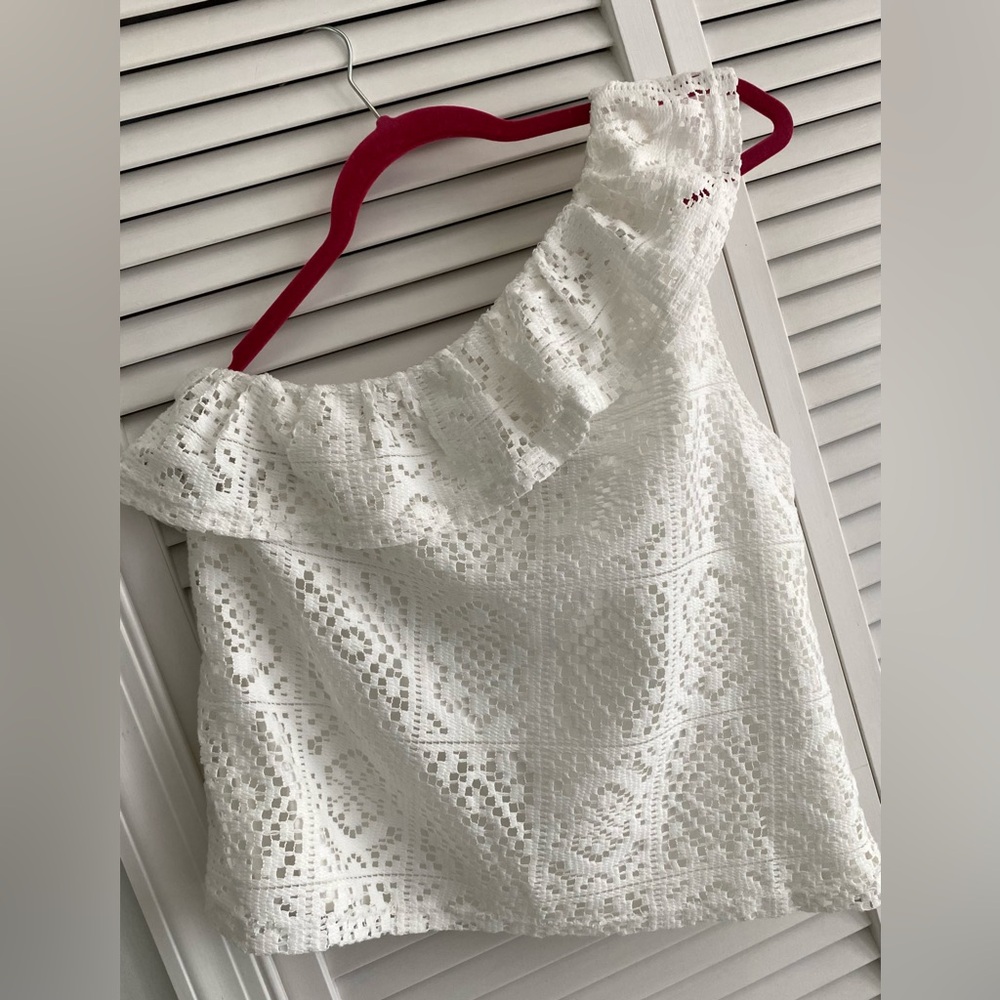 Pink Lily White Eyelet One-Shoulder Blouse